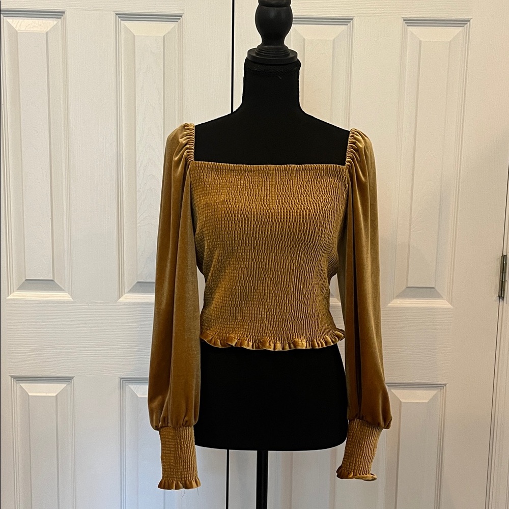 Gianni Bini Gold Smocked Blouse with Ruffled Sleeves
